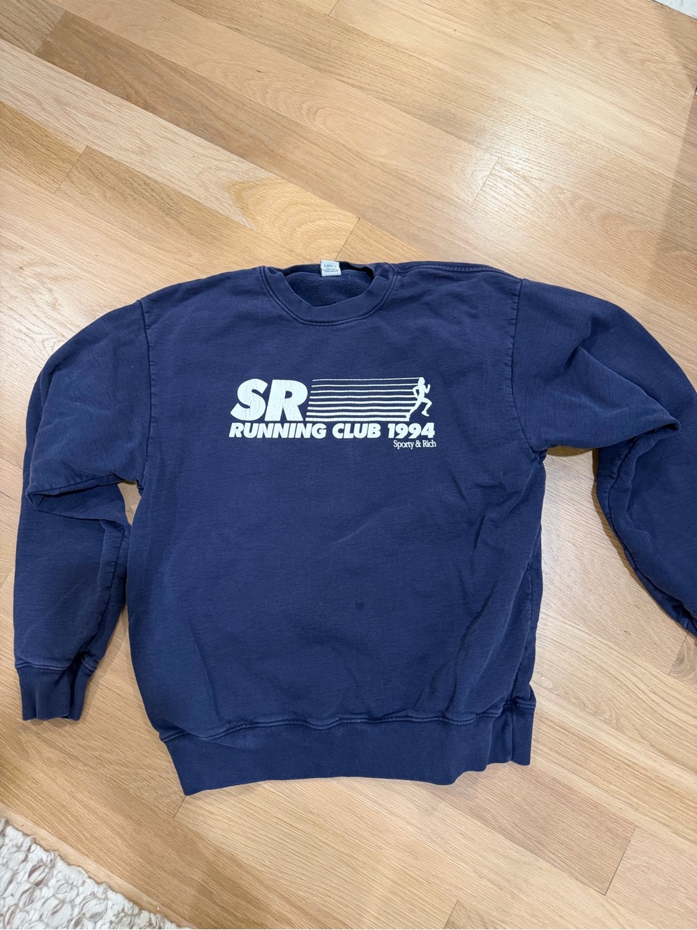 Sporty & Rich Navy SR Running Club Graphic Crewneck Sweatshirt